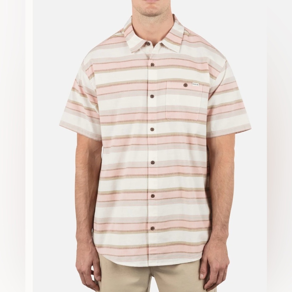 Hurley OAO Lido Stripe Button Up Shirt Men’s Medium Pink Cream NEW With Tags - Picture 2 of 4